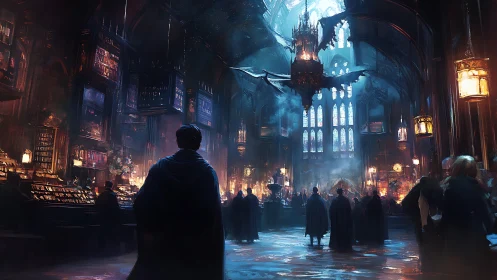 Cloaked scholars gather beneath dragonlit cathedral skies