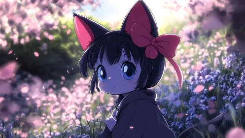 Anime catgirl portrait in luminous spring meadow lighting.