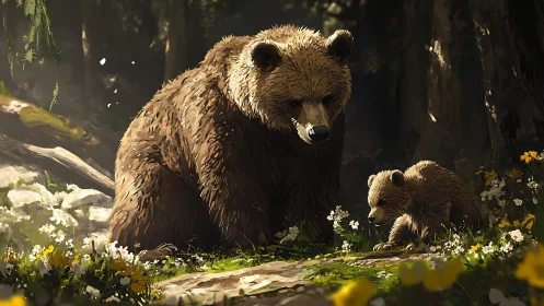 Mother bear gently watches her playful cub in sunlit forest