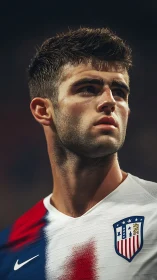 Focused soccer player in USA kit under stadium lights.