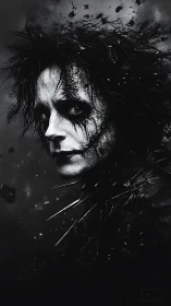 Monochrome portrait depicts fragmented face and spiked collar