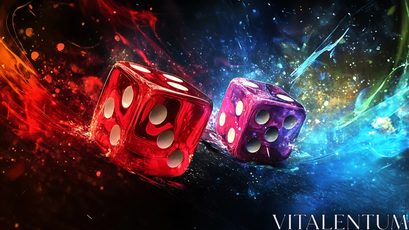 Two translucent dice roll through red and blue energy streaks