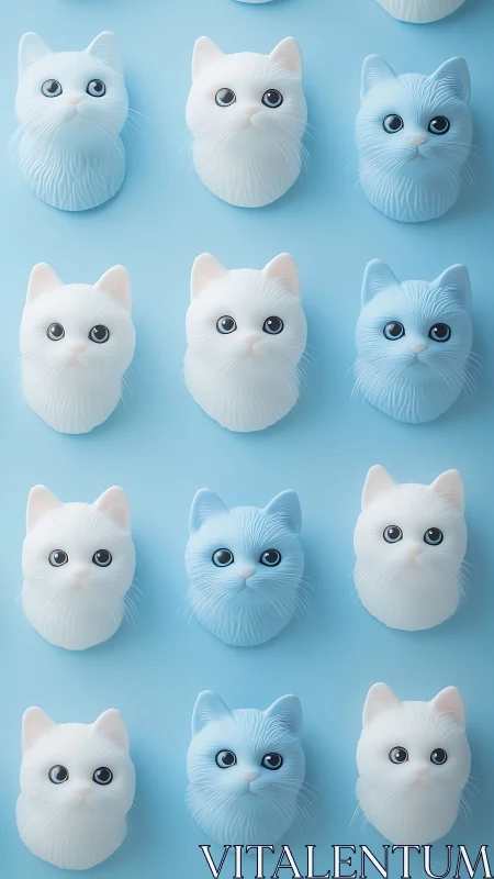 Sculptural Cat Head Variations in White and Blue Minimalist Grid.
