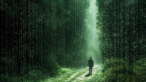 Solitary figure walks digital forest path in cascading code veil