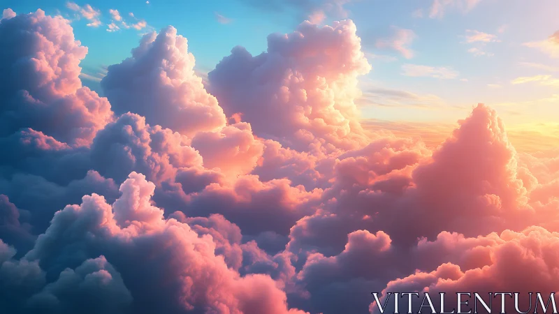 Gentle sunrise light bathes dreamy pink and golden clouds