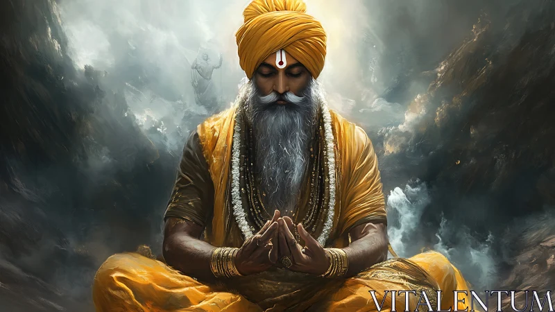 Meditating sage in golden robes amid stormy mountain clouds.