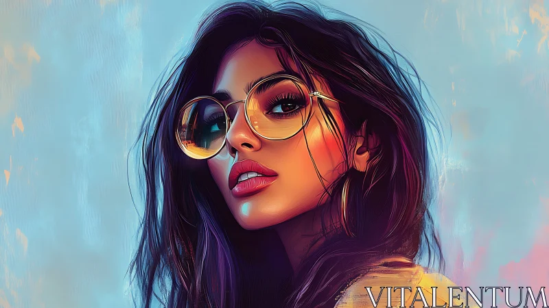 Vibrant digital portrait shows woman in oversized tinted glasses