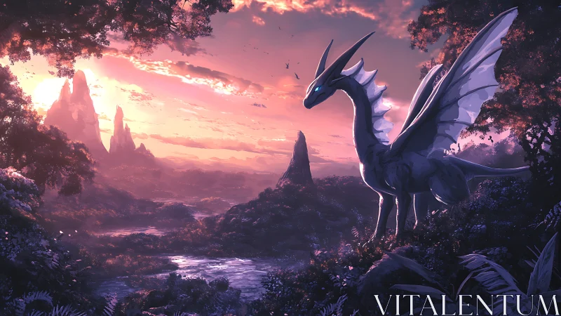 Majestic winged dragon watching a glowing sunset valley.