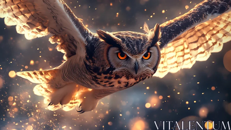 Majestic owl in flight with glowing eyes, fantasy digital art style.