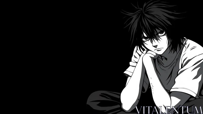 Monochrome anime portrait of pensive seated boy on black field