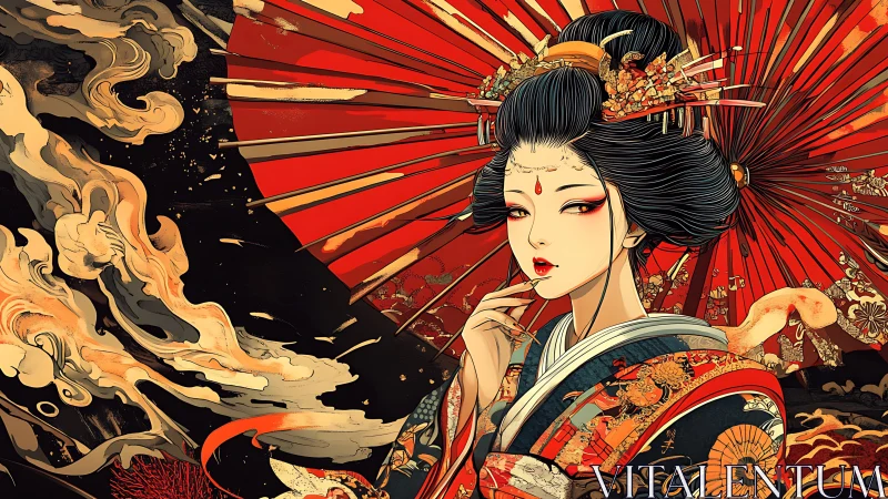 Digital ukiyo-e geisha portrait with ornate parasol composition.