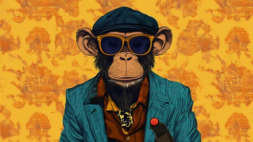 Stylish chimp portrait in teal jacket and sunglasses.