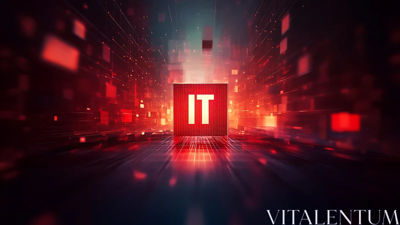 IT core cube in dynamic red digital data tunnel environment.