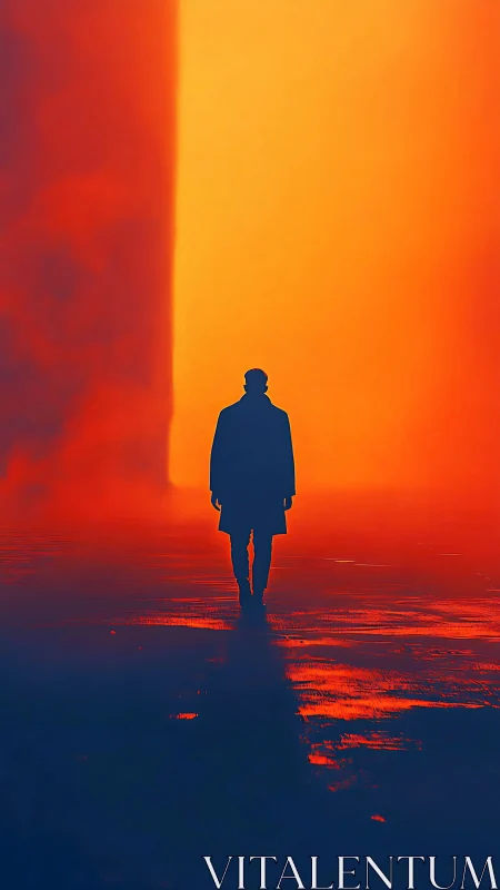 Silhouetted wanderer before blazing abstract portal.