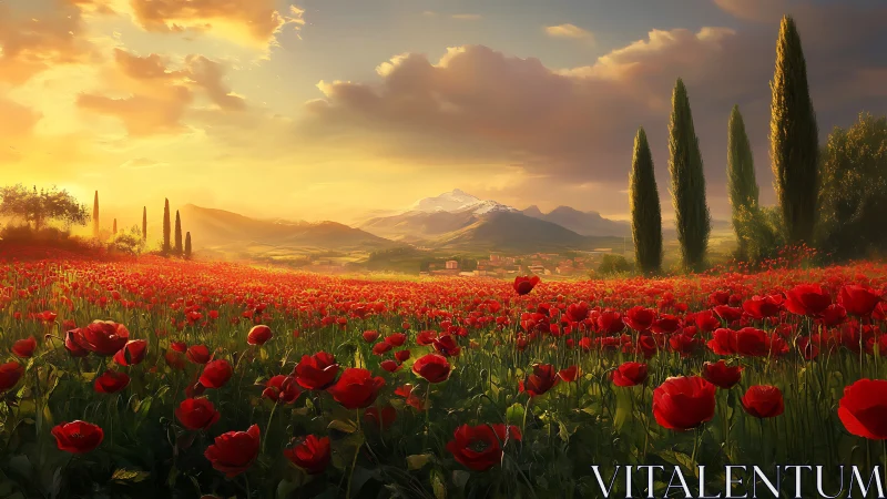 Sunlit poppy field extends toward distant snow capped mountains