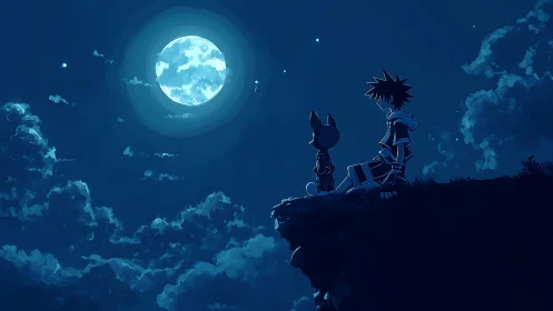 Silhouetted figures on cliff under full moon and clouds at night.