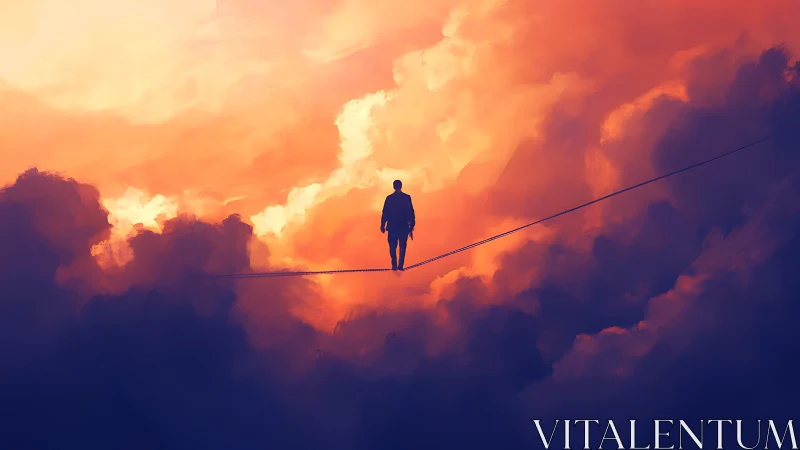Gentle dreamer walks a tightrope through glowing clouds