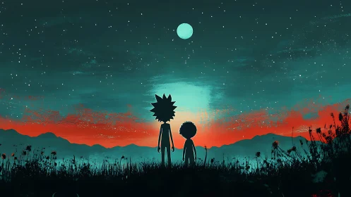 Backlit silhouettes examine nebula-tinted sky under luminous moon