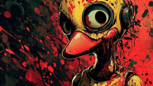 Distorted rubber duck portrait in chaotic splatter storm.