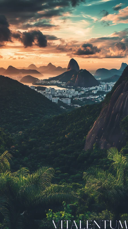 Golden hour skies embrace a lush city between misty peaks