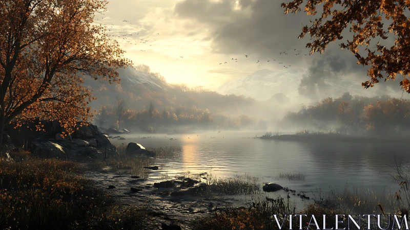 Autumnal lakeside at dawn rendered in high-detail digital painting
