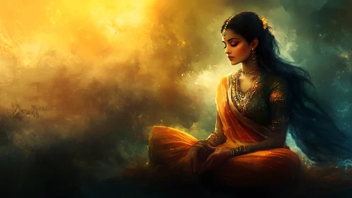 Golden calm surrounds a meditative woman in flowing sari