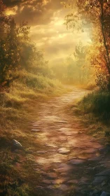 Golden-hour forest path with volumetric atmospheric lighting.