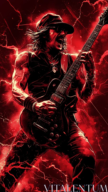 High-contrast red digital rendering of electric guitarist mid-solo