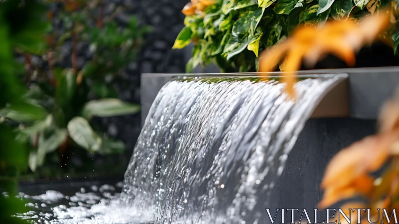Shallow depth-of-field garden cascade with modern edge framing.