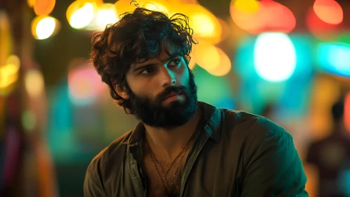 Bearded man stands in neon street glow at night