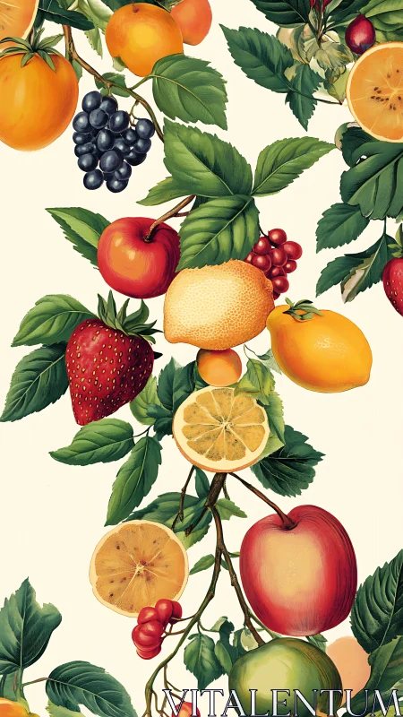 Illustration shows varied fruit clusters arranged on light background