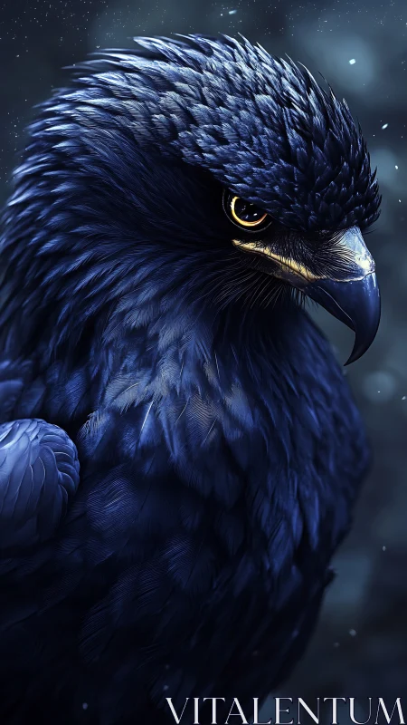 Dark blue raptor portrait with detailed feather texture.