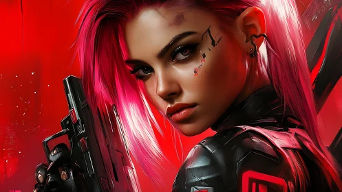 Cyberpunk agent with neon hair in crimson-lit armor.