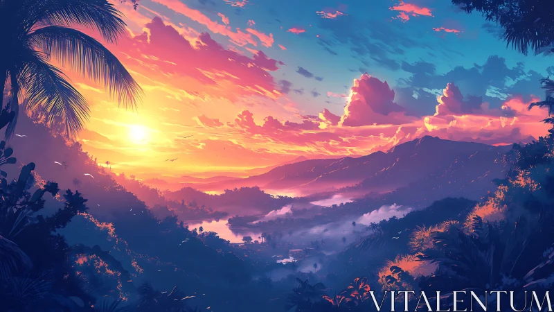 Tropical valley sunset ignites vivid neon sky over ridges.