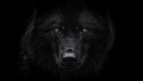 Black wolf portrait shows detailed fur texture and amber eyes