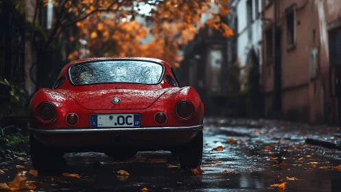 Red classic sports car parked on wet autumn city street.