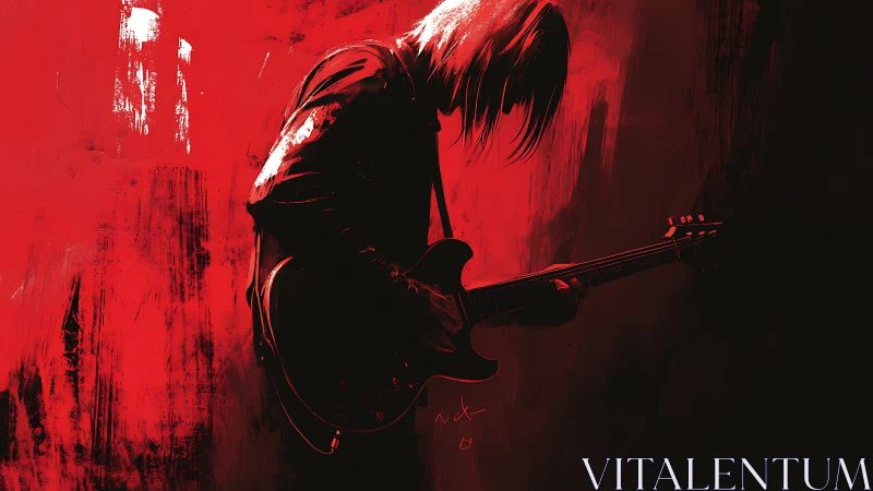 Silhouetted electric guitarist on red and black abstract field.