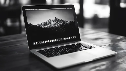 Monochrome aluminum laptop on wooden desk under soft bokeh lighting