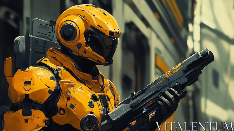 Armored yellow sci fi soldier grips rifle in urban corridor