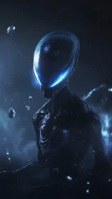 Mysterious blue alien drifter glowing in deep cosmic shadows.