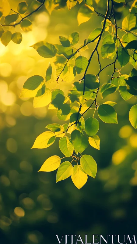 Sunlit green leaves with soft golden forest bokeh background.