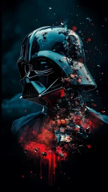 Dark armored helmet in explosive red digital portrait.