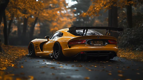 Yellow sports coupe on wet forest road in autumn foliage.