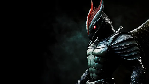Armored avian warrior stands in dramatic neon gloom