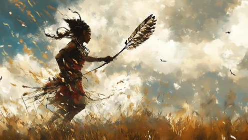 Warrior woman runs through tall grass with feather staff.