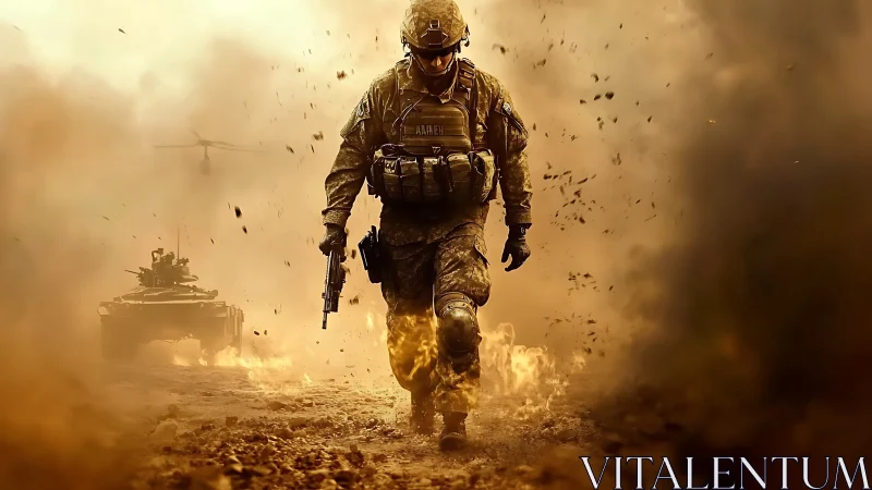 Battlefield soldier strides through burning desert chaos