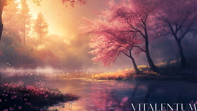 Sunlit sakura grove beside reflective misty riverbank.