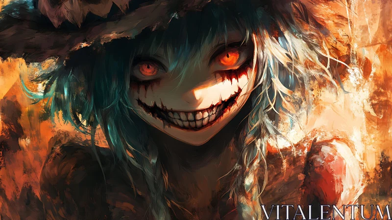 Sinister anime witch grins amid blazing, chaotic brushstrokes