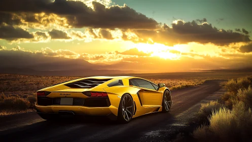 Golden supercar accelerates into cinematic desert sunset light
