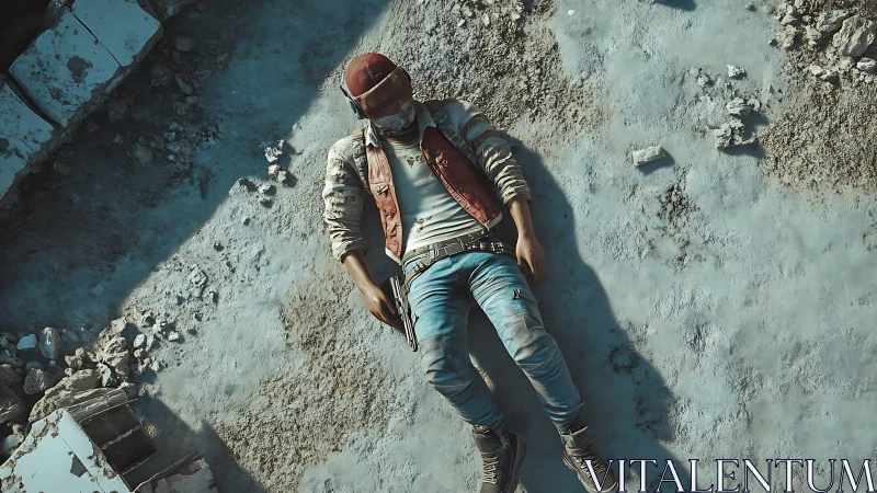 Character lying on rubble-strewn ground in daylight.